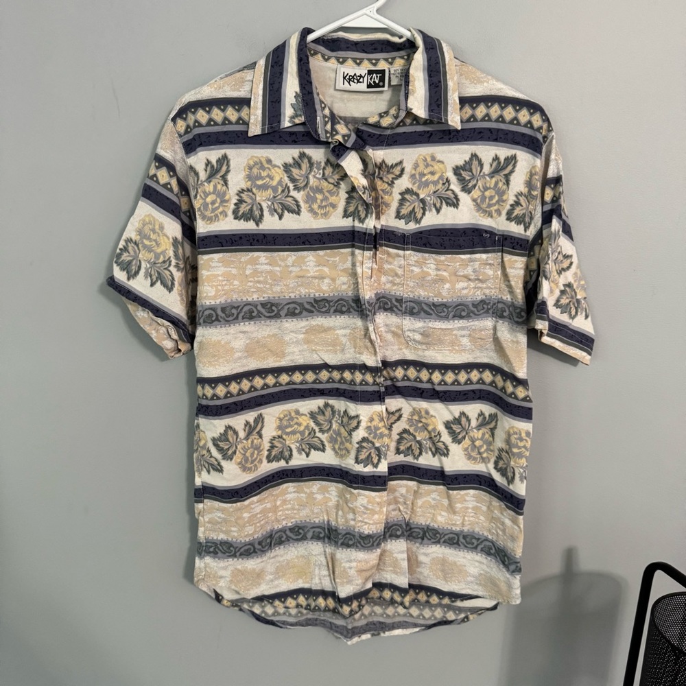 Vintage Kraft Kat Floral Striped Button Down Shirt Men’s Size Large Muted Colors